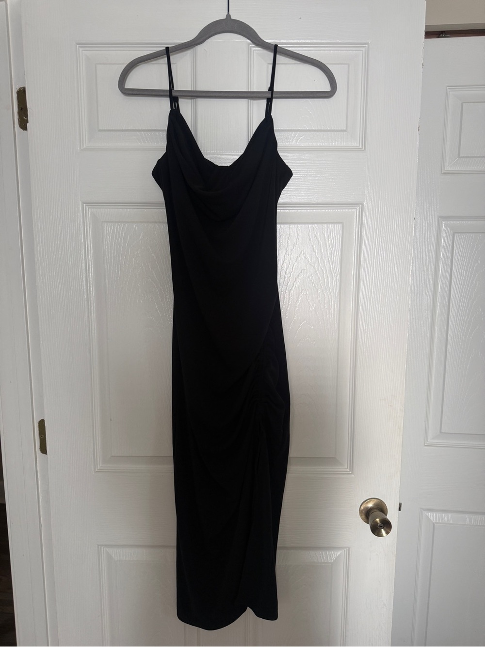 Steve Madden Black Cowl-Neck Ruched Midi Dress